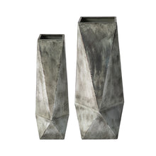 Load image into Gallery viewer, Set of 2 Metal Geometric Antique Silver Floor Vases