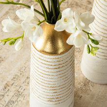 Load image into Gallery viewer, Set of 2 Modern White & Gold Stripes Metal Vases