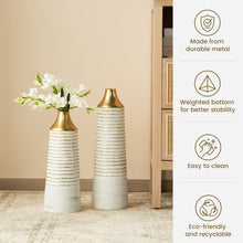 Load image into Gallery viewer, Set of 2 Modern White & Gold Stripes Metal Vases