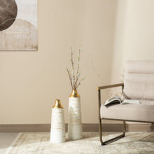 Load image into Gallery viewer, Set of 2 Modern White & Gold Stripes Metal Vases