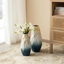 Load image into Gallery viewer, Set of 2 Abstract Ombre Blue and Gold Metal Vases