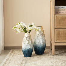 Load image into Gallery viewer, Set of 2 Abstract Ombre Blue and Gold Metal Vases
