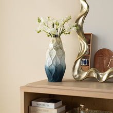 Load image into Gallery viewer, Set of 2 Abstract Ombre Blue and Gold Metal Vases