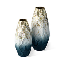 Load image into Gallery viewer, Set of 2 Abstract Ombre Blue and Gold Metal Vases