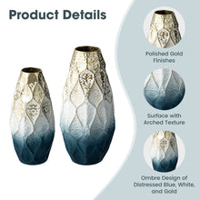 Load image into Gallery viewer, Set of 2 Abstract Ombre Blue and Gold Metal Vases