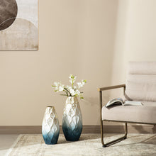 Load image into Gallery viewer, Set of 2 Abstract Ombre Blue and Gold Metal Vases