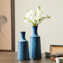 Load image into Gallery viewer, Set of 2 Modern Brilliant Blue Chevron Ceramic Table Vases