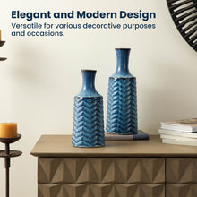 Load image into Gallery viewer, Set of 2 Modern Brilliant Blue Chevron Ceramic Table Vases