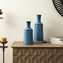 Load image into Gallery viewer, Set of 2 Modern Brilliant Blue Chevron Ceramic Table Vases