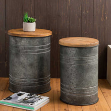 Load image into Gallery viewer, Rustic Galvanized Metal Storage Accent Table or Stool with Round Wood Lid, Set of 2