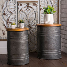 Load image into Gallery viewer, Rustic Galvanized Metal Storage Accent Table or Stool with Round Wood Lid, Set of 2