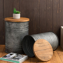 Load image into Gallery viewer, Rustic Galvanized Metal Storage Accent Table or Stool with Round Wood Lid, Set of 2