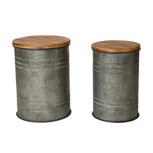 Load image into Gallery viewer, Rustic Galvanized Metal Storage Accent Table or Stool with Round Wood Lid, Set of 2