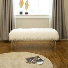Load image into Gallery viewer, 44.88"L White Faux Fur Acrylic Bench with Acrylic Legs