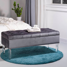 Load image into Gallery viewer, 44.88"L Grey Padded Velvet Storage Ottoman Bench with Acrylic Legs