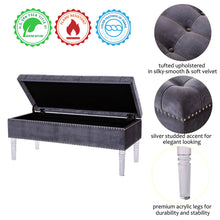 Load image into Gallery viewer, 44.88"L Grey Padded Velvet Storage Ottoman Bench with Acrylic Legs