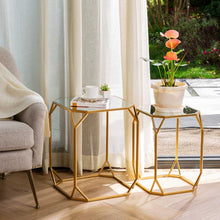 Load image into Gallery viewer, Gold Metal Nesting Side & End Accent Tables with Glass Top, Set of 2