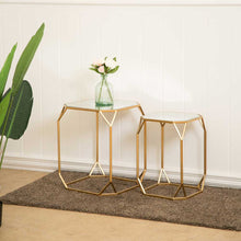 Load image into Gallery viewer, Gold Metal Nesting Side & End Accent Tables with Glass Top, Set of 2