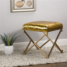 Load image into Gallery viewer, 17.30"H Sapphire Blue and Gold Shimmering Sequin Stool with Metal Gold legs