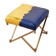Load image into Gallery viewer, 17.30"H Sapphire Blue and Gold Shimmering Sequin Stool with Metal Gold legs