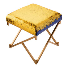 Load image into Gallery viewer, 17.30"H Sapphire Blue and Gold Shimmering Sequin Stool with Metal Gold legs
