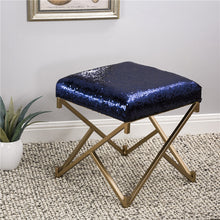 Load image into Gallery viewer, 17.30"H Sapphire Blue and Gold Shimmering Sequin Stool with Metal Gold legs