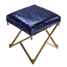 Load image into Gallery viewer, 17.30"H Sapphire Blue and Gold Shimmering Sequin Stool with Metal Gold legs