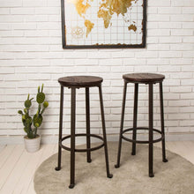 Load image into Gallery viewer, S/2 29.92"H Rustic Steel Pub Bar Stools with Elm Wood Top
