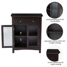 Load image into Gallery viewer, Wooden Free Standing Storage Cabinet with Drawer and Glass Double Doors, Espresso