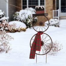 Load image into Gallery viewer, Glizhome 36"H Rusty Metal Bike Wheel Snowman Yard Stake or Wall Decor with Plaid Scarf