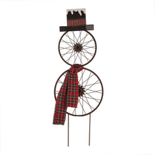 Load image into Gallery viewer, Glizhome 36"H Rusty Metal Bike Wheel Snowman Yard Stake or Wall Decor with Plaid Scarf