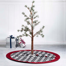 Load image into Gallery viewer, 48"D Black White Plaid Fabric Christmas Tree Skirt with Red Trim