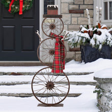 Load image into Gallery viewer, 33.98"H Metal Bike Wheel Snowman with Plaid Scarf Porch Decor
