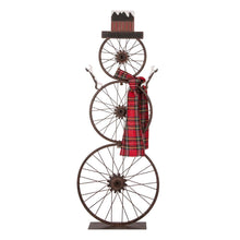 Load image into Gallery viewer, 33.98"H Metal Bike Wheel Snowman with Plaid Scarf Porch Decor