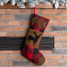 Load image into Gallery viewer, 19" Handmade Plaid Hooked Rug Reindeer Christmas Stocking