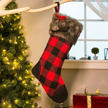 Load image into Gallery viewer, 21"L Fur Black/Red Buffalo Plaid Stocking