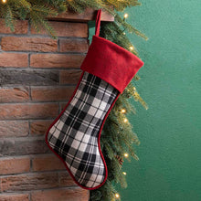 Load image into Gallery viewer, 20"L Black & White Plaid Fabric Christmas Stocking
