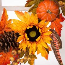 Load image into Gallery viewer, 24"D Yellow/Orange Sunflower Wreath with 36"H Wooden Window Frame