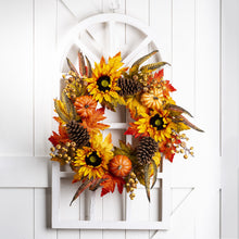 Load image into Gallery viewer, 24"D Yellow/Orange Sunflower Wreath with 36"H Wooden Window Frame