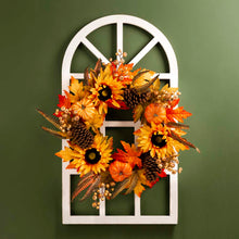 Load image into Gallery viewer, 24"D Yellow/Orange Sunflower Wreath with 36"H Wooden Window Frame