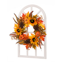 Load image into Gallery viewer, 24"D Yellow/Orange Sunflower Wreath with 36"H Wooden Window Frame