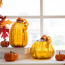 Load image into Gallery viewer, S/2 Hand Blown Amber Crackle Glass Pumpkin Decor