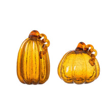 Load image into Gallery viewer, S/2 Hand Blown Amber Crackle Glass Pumpkin Decor