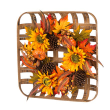 Load image into Gallery viewer, 24"D Yellow/Orange Sunflower Wreath With 24"L Vintage Natural Tobacco Basket