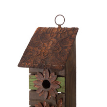 Load image into Gallery viewer, 14.45"H Hanging Two-Tiered Distressed Wooden Garden Bird House With Flowers