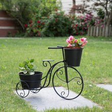 Load image into Gallery viewer, 15"H Hand Painted Black Metal Standing Bicycle Plant Stand