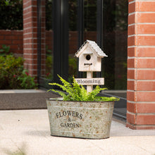 Load image into Gallery viewer, 24.5"H Farmhouse Galvanized Metal Outdoor Plant Stand with a Birdhouse Décor