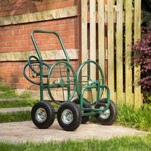 Load image into Gallery viewer, 34.45''H Green Garden Hose Reel Cart with Wheels and Steel Basket