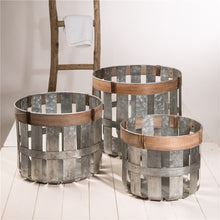 Load image into Gallery viewer, Farmhouse Metal Slotted Storage Basket Galvanized Fall Home Decor, Set of 3