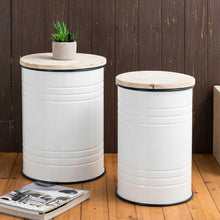 Load image into Gallery viewer, White Farmhouse Metal Enamel Storage Accent Table or Stool with Round Wood Lid, Set of 2